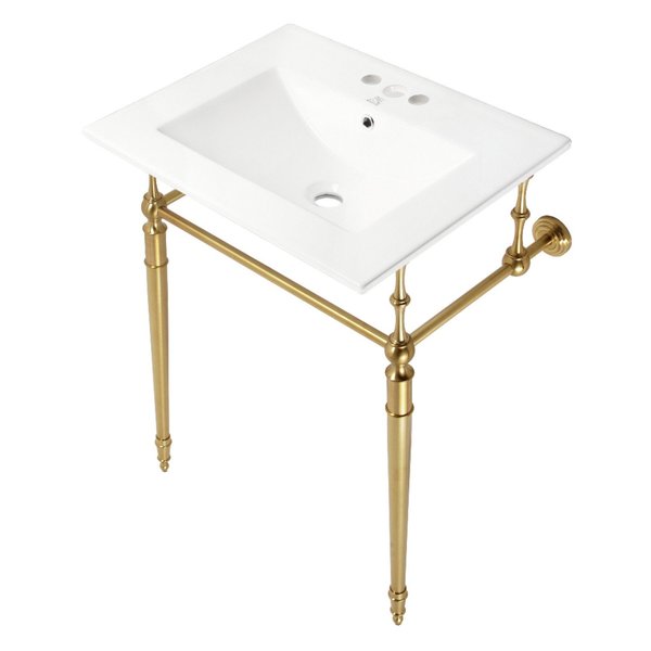 Kingston Brass 24Inch Console Sink with Brass Legs 4Inch, 3 Hole, WhiteBrushed Brass KVPB24187W4BB